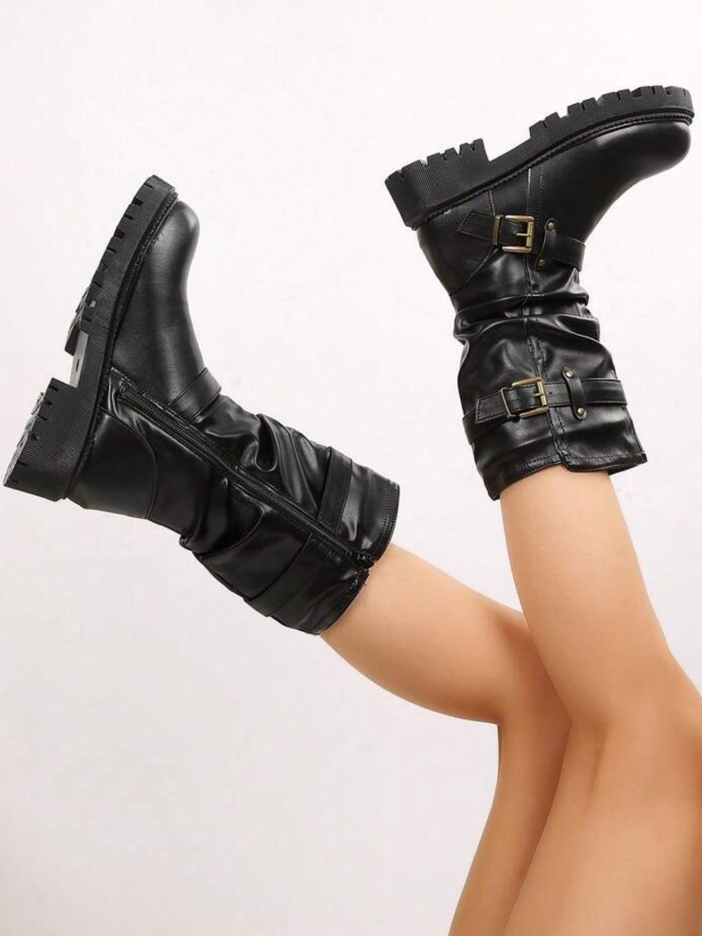Black Moto Combat Boots Buckle Strap Lug Sole Mid Calf NWOT - Picture 2 of 11